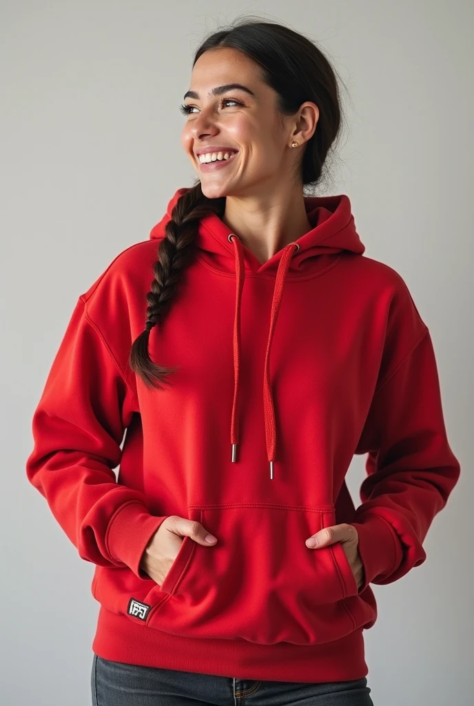 A piece of clothing: red yellow round neck hoodie sweatshirt, 38D cup breast, athletic body, very attractive face, cute smile, full length photo