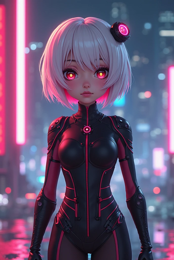 ((best quality)), ((masterpiece)), (detailed), perfect faced, cyberpunk, yellow themed, scifi lady with white hairs, red eyes, red and black clothes