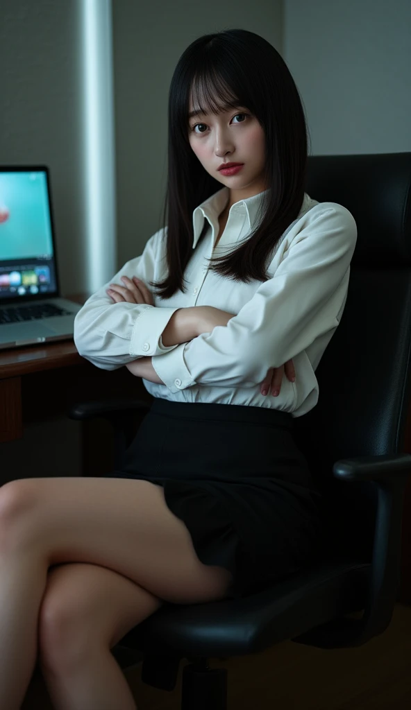 top-quality、masterpiece、超A high resolution、(realisitic:1.4)、Bautiful Women1、Beautiful detail eyes and skin、smile、Light brown middle-cut hair, She is Wearing a shirt and black suit, gorgeous chinese model, photo of slim girl model, IG-Modell, beautiful female model, Choker, 24, 24 years old, shirt and black suit, white skin, long-sleeved shirt, office, sitting on the chair in office room