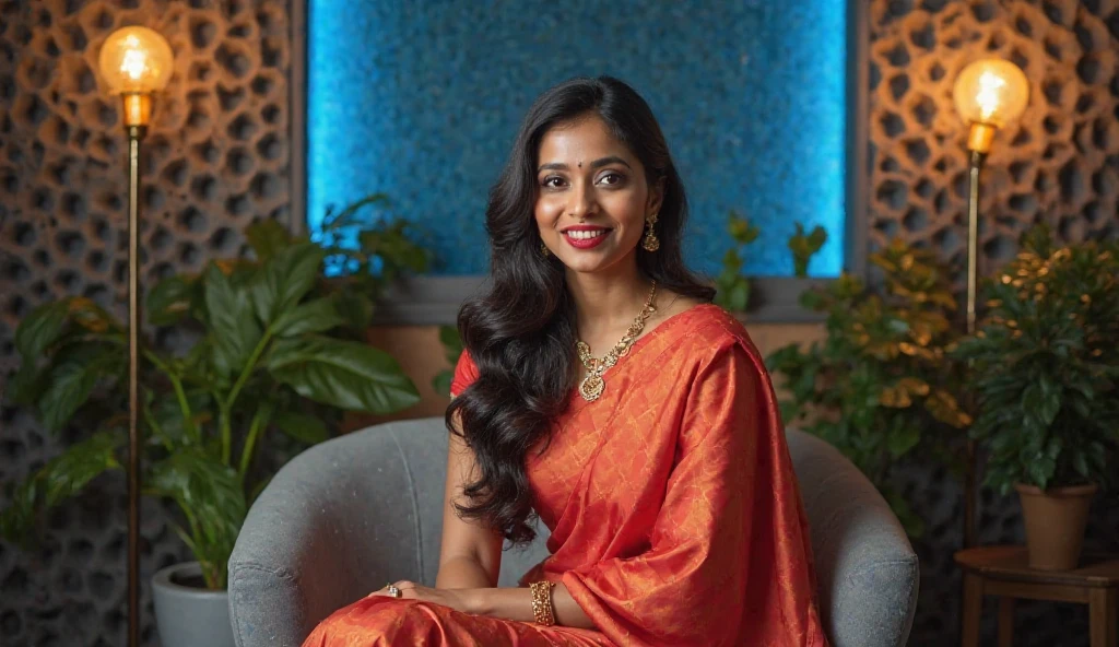 beautiful indian happy woman sitting in a big chair and behind the wall written "Sanmati"
