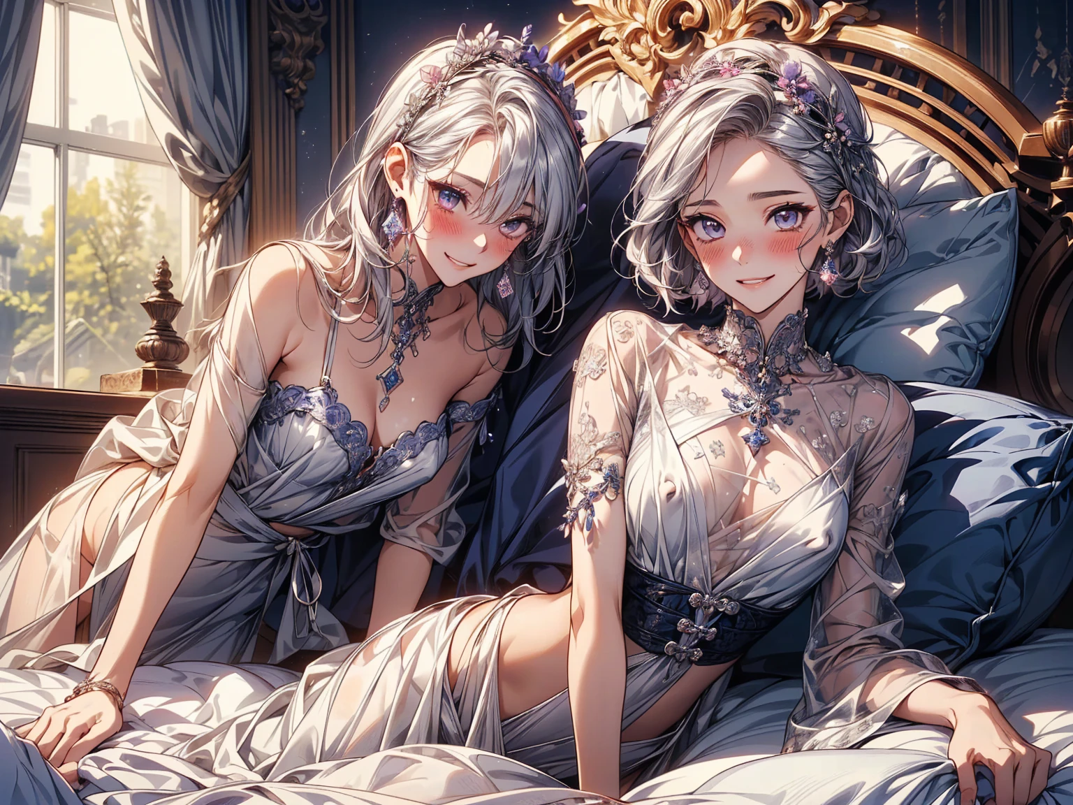 (8K, Highest Quality, Best:1.3)), Ultra High Resolution, (1 Girl, 1 Person), (Color Changing Eyes, Super Detailed, Expressive Sparkle, Sparkling, Glowing Eyes), High Definition Eyes, High Definition Face, Random Hair, (Silver Gray Color), A scene of a silver-haired woman seducing you. Her hair is short, cut in a bob, and shines softly in the light. Her hair has a few small flower hair clips, which add a lovely accent. She is wearing a green silk robe, the soft material of which fits her body gently. The sash of the robe is tied loosely, and the neckline is open, revealing her décolletage. Her eyes are a captivating blue, and her droopy eyes give her expression a sense of grace and ecstasy. Her lips are pale pink, and she is smiling slightly parted.
The background is a luxury hotel suite, and the room is lit by indirect lighting with warm tones. She is lying on her back on the bed, in a relaxed position, gazing seductively at you. The camera angle is set to look up from just below her eye level, emphasizing her graceful figure and captivating expression. Soft particles of light dance throughout, creating a dreamy atmosphere.