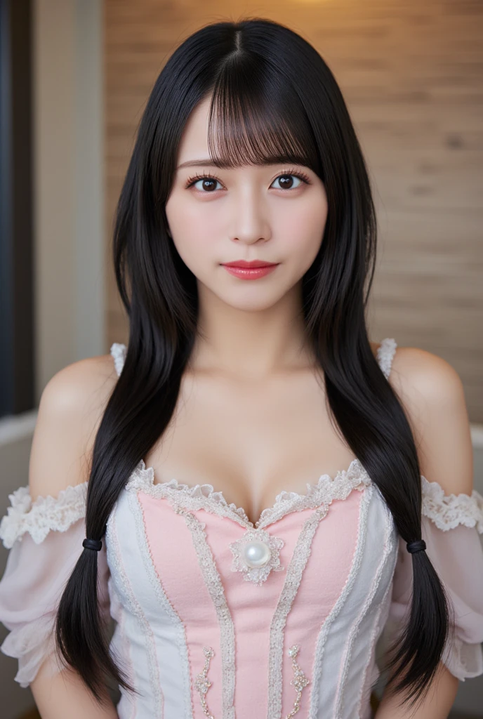 masterpiece, Best image quality, high quality, Beautiful woman, Popular Korean makeup, detailed, Swollen eyes, detailed eyes, detailed skin, beautiful skin, super high resolution, (Reality: 1.4), very beautiful, slightly younger face, beautiful skin, Slim, (super realistic), (illustration), (high resolution), (very detailed) (best illustration), (beautiful detailed eyes), (super detailed), (wallpaper), (detailed face), Looking at the audience, Fine details, Delicate face, Purebred face_V1, Smile, look directly, look directly, From the waist up, Realistic photos, bright lights, Professional lighting, Black Hair (Some green), Long hair, dark ruins, big red moon, Gorgeous red and black dress, Mature woman, Long and stylish bangs,