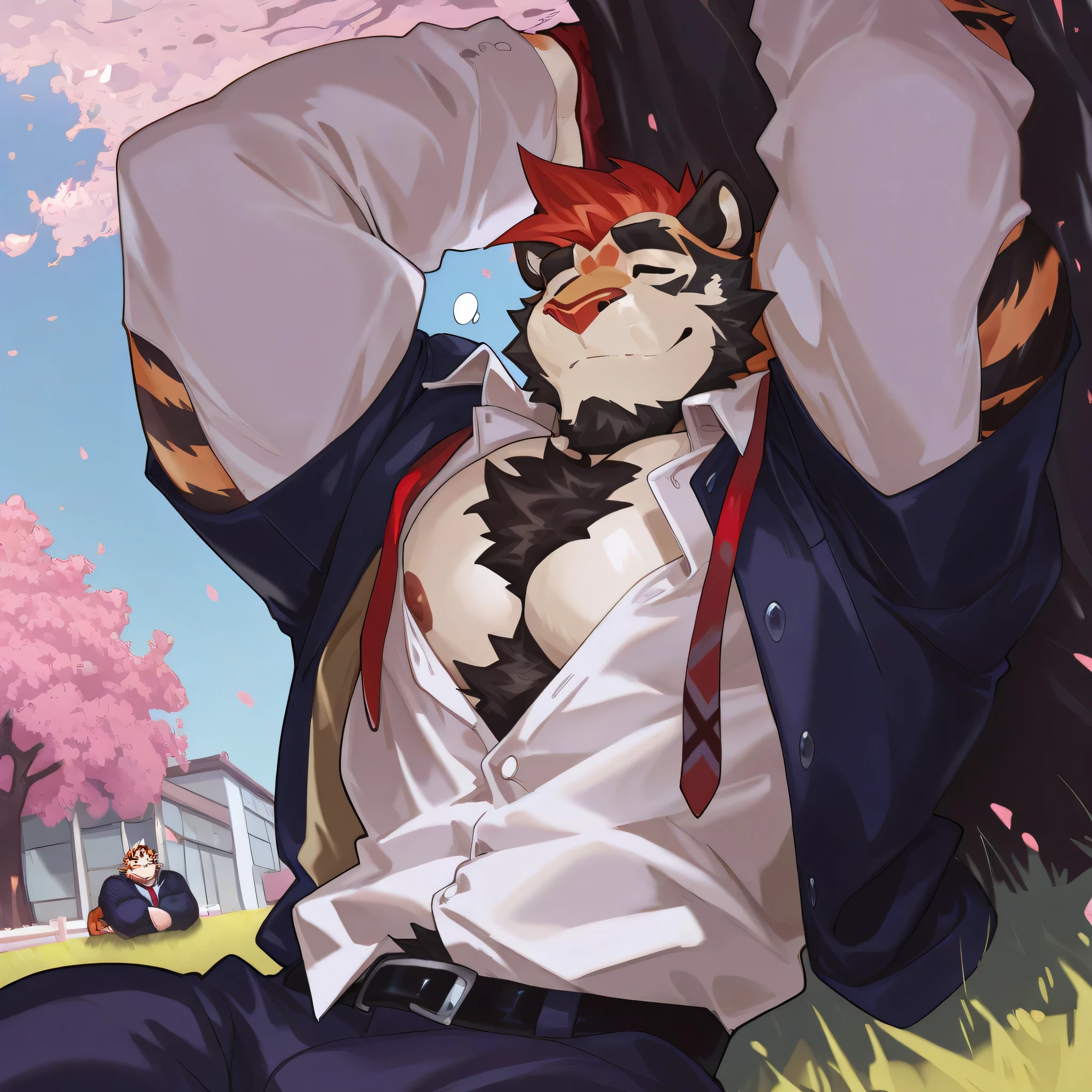 very awa,masterpiece,best quality,year 2024,newest,highres,absurdres,detailed background,(dendryte_axxon:0.5),8k rendering,(zixiong:0.7),very pretty,furry,male,detailed environment,male,(kokukokuboo:1.25),dino \(dinoartforame\),(ask\(askzy\):0.6),(milkytiger1145:0.5), anthro tiger, male, muscular build,orange fur, black stripes,lying on grass, head resting on arms, open school uniform revealing chest, gazing at sky, relaxed posture, school uniform shirt unbuttoned,
peaceful expression, contemplative gaze, fur gently moving in breeze, school uniform partially open showing chest fur, tie loosened,
lush green grass field, spring day, blue sky with scattered clouds, school building visible in distance, cherry blossoms floating in air,
afternoon warmth