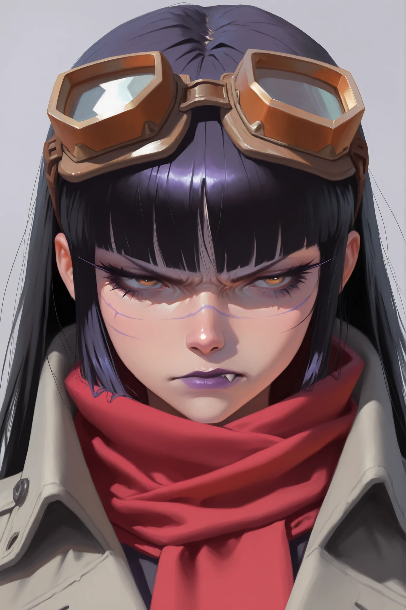HDR, 8K, high contrast, masterpiece, best quality, amazing quality, very aesthetic, anime artstyle, realistic, newest, digital painting, brushstrokes, digital painting, brush texture, shiny, sharp shapes,
BREAK
bounce light, hyperdetailed, detailed hair strands, detailed fibers, Z40Zstyle, painterly,
BREAK
Concept art, portrait, grey background, cloudy grey background, super textured, sungmoo style
BREAK
1girl, portrait, goggles on head, , purple lips, scowl, narrow eyes, defined eyelashes, grey trench coat, red scarf, hime cut hair, scottish ethnicity, sharp facial features, fair skin, shrouded in mist, black hair,