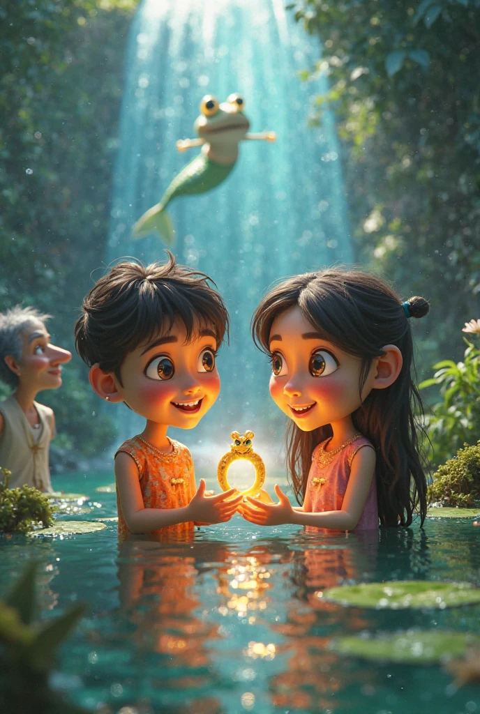 There are two children who are sitting in a tree, Fios da Hora Dourada, Vaga-lumes e mechas brilhantes, vinhas da selva e vaga-lumes, filme animado still, vaga-lumes noturnos aconchegantes, filme animado, filme premiado ainda, entre maravilhosos vaga-lumes dourados, filme da disney pixar ainda, imagem promocional do filme ainda, animated film still, Luces Vaga-lume, vaga-lumes brilhantes