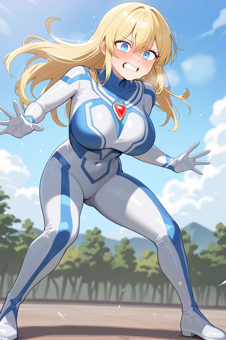 {{full body, high angle}} {{Artist: sincos}} 1woman, mature woman, middle-aged woman, long hair, blonde hair, straight hair, blue eyes, stern eyes, emotionless face, no blush, straight face, no smile, no emotion, cold eyes, empty eyes, ice powers, cyan spandex suit, blue cape, tall, large breasts, thick thighs, looking down at viewer, wearing clothes, ice crystals on arms, blue gloves, superhero, city background, muscular