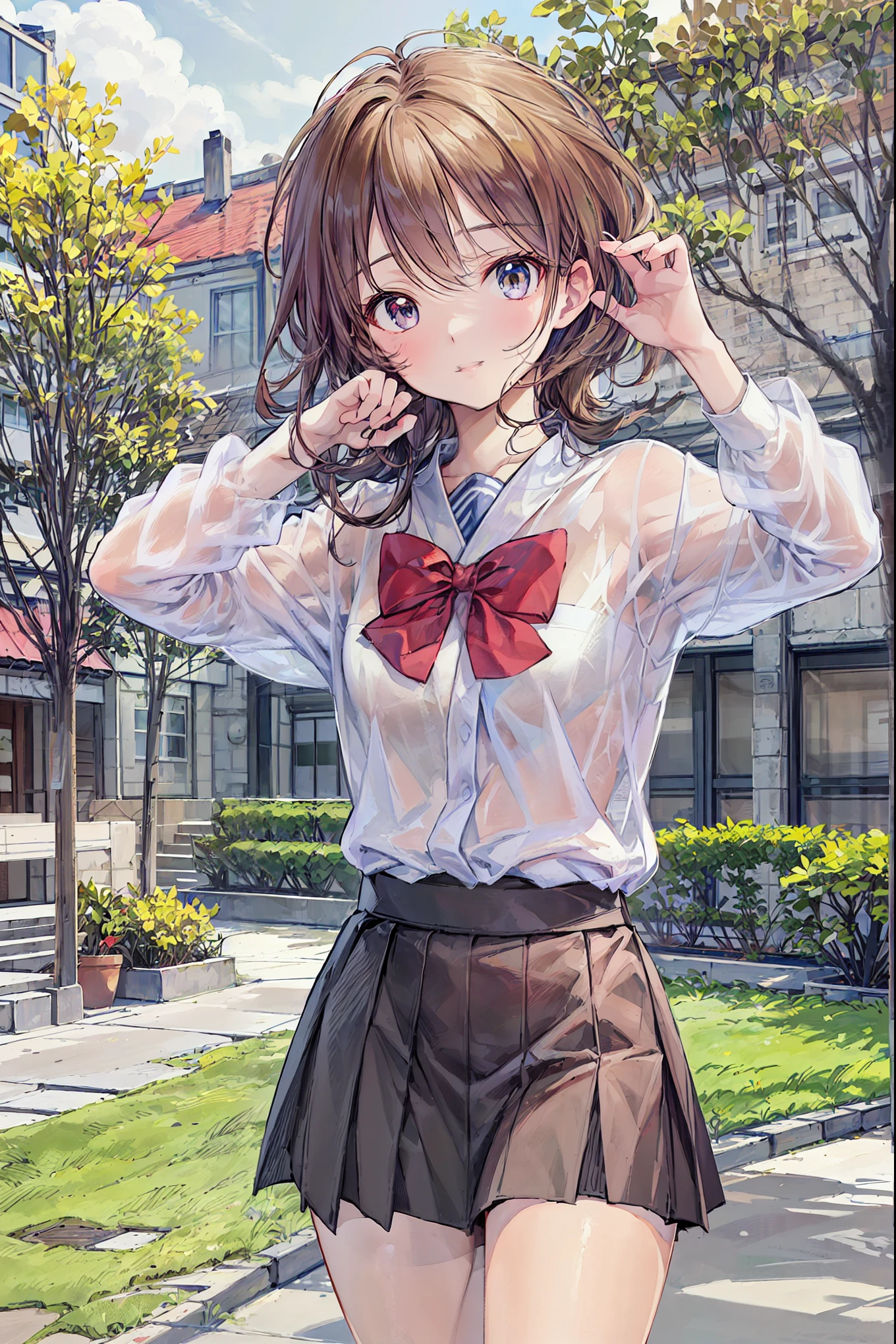 brown hair,shortcuts,messy hair, slender beauty ,hole々 Positive Attitude ,Small box,Beautiful Legs, her enchanting grayish blue eyes shine like stars.,(masterpiece:2.0), (Best Quality:2.0), (super miniskirt, Super short, girls' school uniform:1.5), (sidemap:1.5), (Sexy Poses:1.5), ( red face:1.3), (realistic:1.5), 1 , Precision small handle, Embarrassing appearance , smile, Very nice girl, innocent face, like々Funny face, Clear Eyes, Sparkling Eyes, Small box, beautiful hand skin, super res, highest resolution, Japanese high school students , blazer uniform,brown hair, do