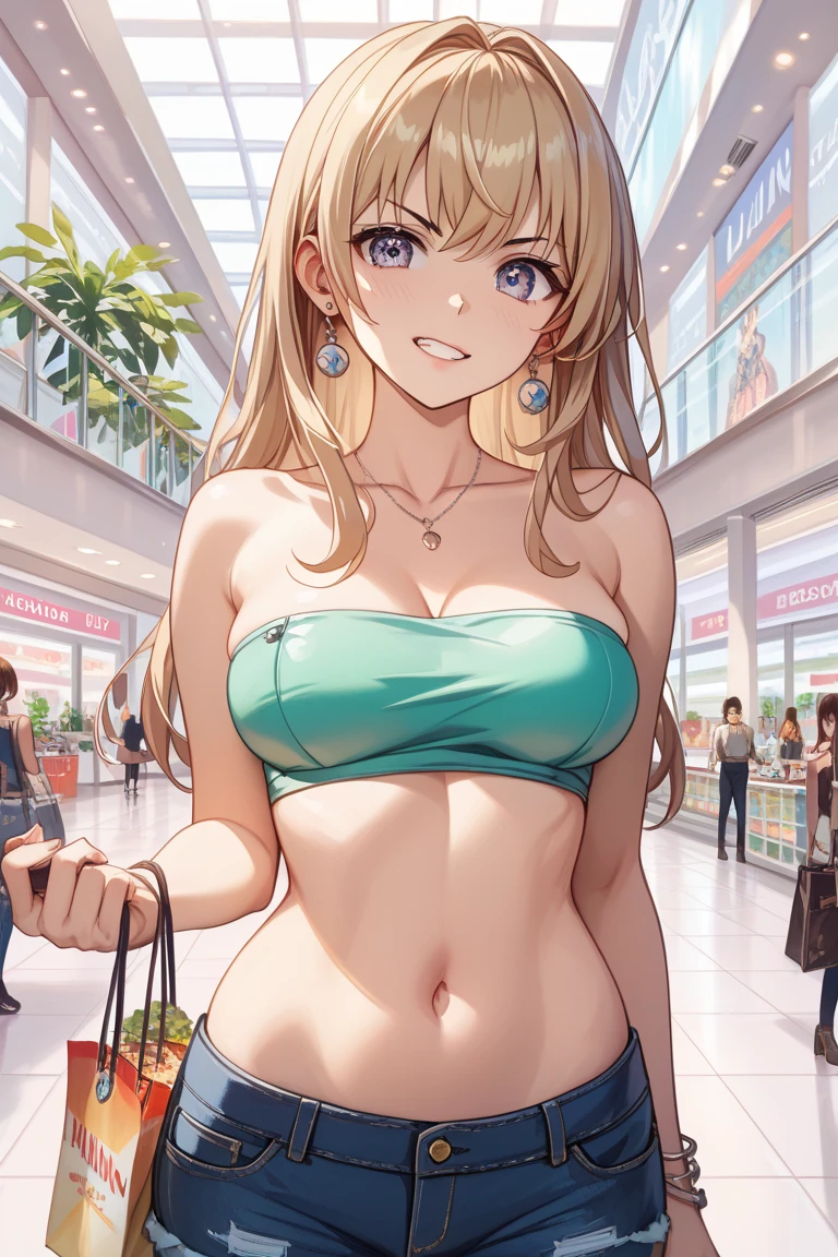 masterpiece,highest quality,official art,Highly detailed CG Unity 8K wallpaper, 1 cute tanned girl, black bra,black bikini,flat chest,toned body,barefoot,shopping bag,Iinside the restaurant,ponytail,blonde,I',smiling face tanned skin,Bright atmosphere in the store,sitting in a chair,((ultra wide angle photo)),The entire body fits compactly in the center,full body,surrounded by people,