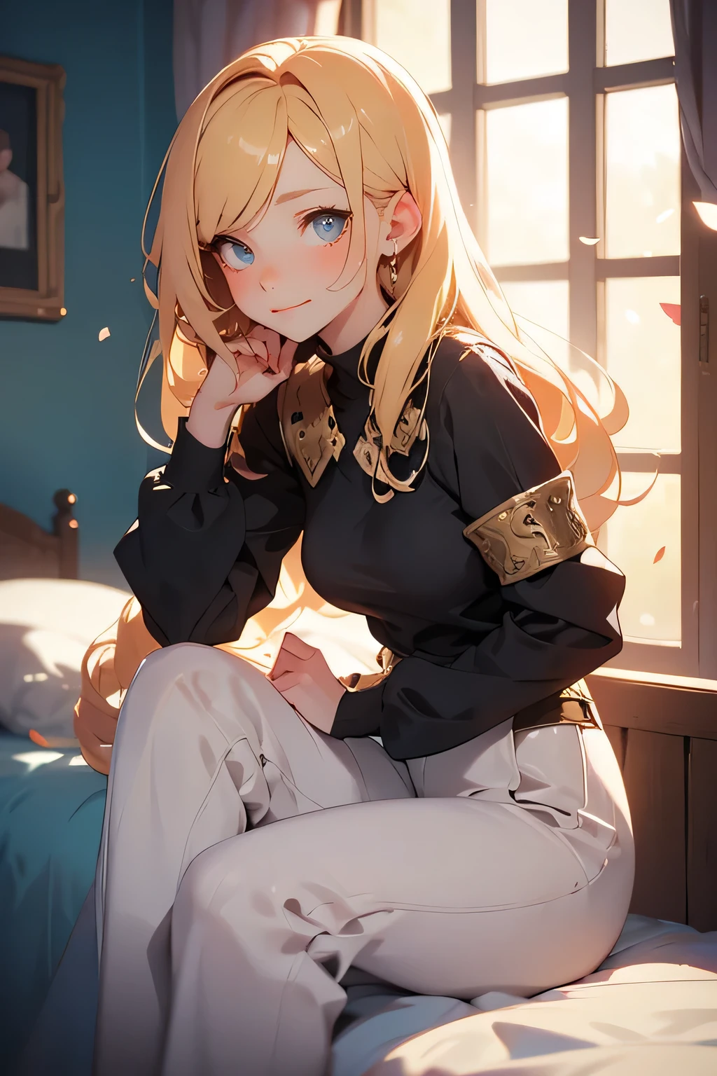 a magical girl with soft golden hair sitting on a glowing bed, enchanted sunset light flowing through a large arched window, dreamy atmosphere, floating particles in the air, wearing elegant modern fantasy clothes, radiant smile, ethereal lighting, soft glow, pastel color palette, fantasy anime style, detailed background, shallow depth of field
