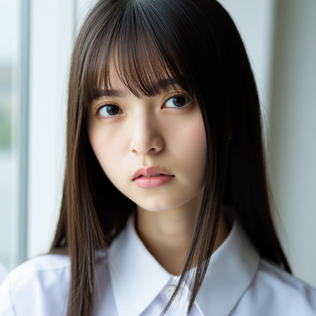 Pale Expression This image is a close-up portrait of a young woman, pale skin - SeaArt AI