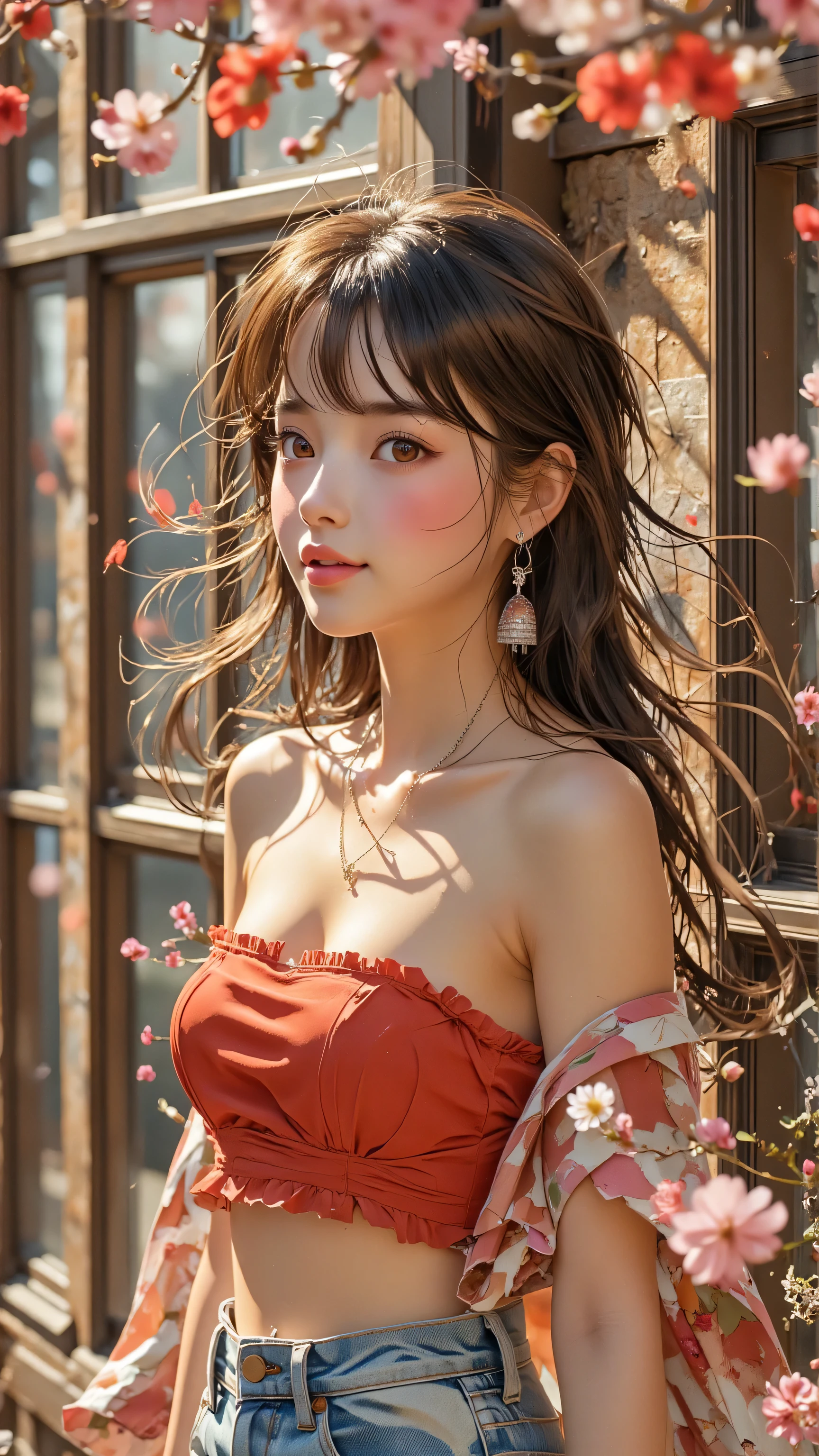 Woman walking past large glass windows of upscale New York cafe、Close-up portrait of an Asian woman, 、Looking very happy、Look straight ahead with a bright smile、The lips are a little pointed.、Bangs slightly messed up by the wind、face up shot、Soft backlighting in mid-summer in New York 、, cherry blossom petals dance in the wind、strong wind blows Clothes Roll Up in the Wind, cherry blossom petals dance, Sparkling Eyes, earrings, , very slim, very thin, very small face , healthy, Muscular, Weathered, Heavy Eyeliner , clear cheekbones , Sculpted jaw, Beautiful woman wearing ( red tube top :1.3) ( Low Rise Jeans:1.4) Looking at the viewer with a refreshing smile , , Natural Beauty , Magnetic, charismatic , Multi-use , Woman walking past large glass windows of upscale New York cafe , reverse exchange, blurry background、No., nipple porori, nsfw, wet skin, transparent dress