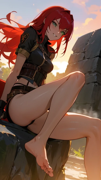 iris midgar, red hair, long hair, braid, red eyes, anatomically correct, heavy breathing, mature female, animal_ears, tail, fox_ears, fox_tail, 1girl, nail_polish, multiple_tails, sitting, barefoot, open_mouth, toes, red_nails, feet, fangs, looking_at_viewer, black_legwear, fingerless_gloves, toeless_legwear, breasts, toenail_polish, large_breasts, gloves, solo, black_nails, sitting, head rest, wood, "glow effects, godrays, Hand drawn, render, 8k, octane render, cinema 4d, blender, dark, atmospheric 4k ultra detailed, cinematic, Sharp focus, big depth of field, Masterpiece, colors, 3d octane render, 4k, concept art, trending on artstation, hyperrealistic, Vivid colors, extremely detailed CG unity 8k wallpaper, trending on CGSociety, Intricate, High Detail, dramatic", sweating, steaming body, fog, (shaded face:1.2), hollow eyes, red eyes, looking at viewer, (heavy breathing:1.2), smirk, upper teeth, lips, glowing eyes,