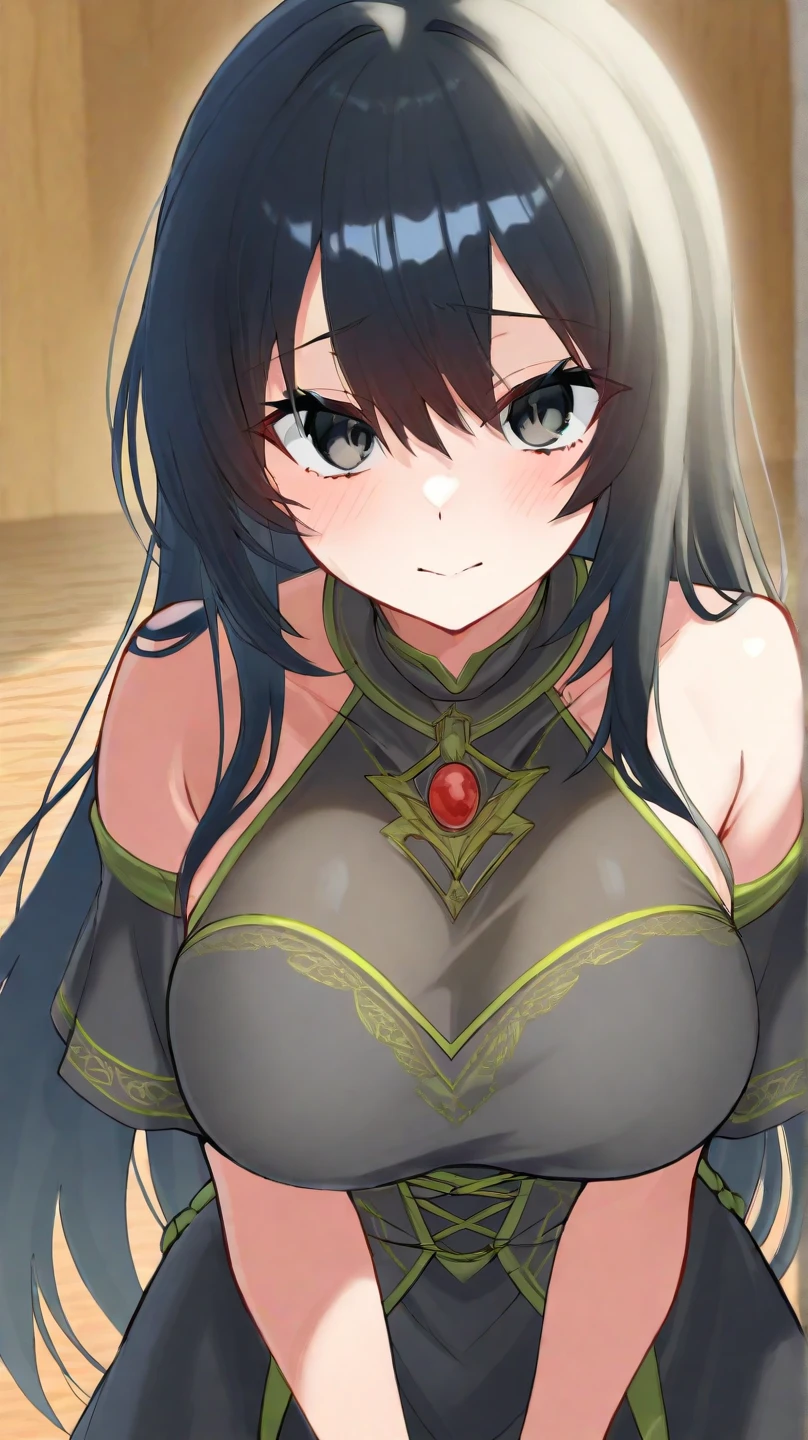 (girl:1.2), (1 person:1.2),(10歳のgirl)、若いgirl、big breasts、 nffsw、shader、highly detailed eyes、long straight hair、underide boob、black hair、silky hair、ultra-intricate pupil in eyes、highest quality、bright colors、Bust 100、Repose、Standing picture of the game、Stirring composition、Composition looking up from below、Lift your with your hands、Pose that emphasizes the chest、fold your arms、grinning expression、eyes half closed、open your mouth、Wicked face、Bullish smile、fold your hands behind your back、Hide your hands、evil smile、whole body、beautiful