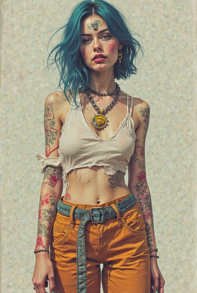 Brown skin, medium blue hair, purple eyes, smirk , tattoo