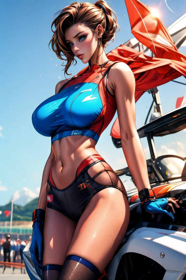 (Masterpiece:1.4),(Best Quality:1.4), ((full body)) 1girl, wearing bustier and micro shorts, ((dark skin tone)), big breasts, hair between eyes, long hair with red streaks, oval face, double eyelids, parted lips, very light brown eyes, solo, natural, bright red lips, shapely and detailed thighs, low angle (from top angle), highly detailed skin, skin pores skin, (sfw) piloting a (jetski) perfect and detailed, beautiful landscape.