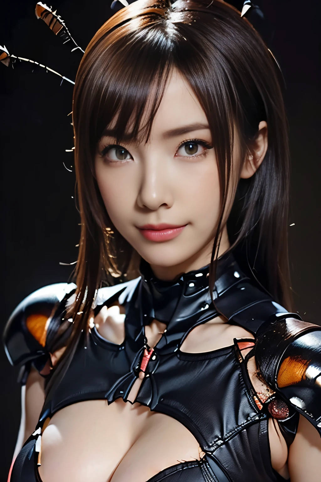 (high resolution,masterpiece,best quality,extremely detailed CG, anime, official art:1.4), realistic, photo, amazing fine details, all intricate, gloss and shiny,awesome many layers, 8k wall paper, 3d, sketch, kawaii, illustration,( solo:1.4), perfect female proportion,villainess, (fusion of dark brown cockroach and lady:1.4), (brown cockroach form lady:1.2), (brown cockroach lady:1.2), (fusion:1.2), (solo:1.4), (evil smile:1.2), muscular, abs, (cockroach brown exoskeleton bio insect suit:1.4), (cockroach brown exoskeleton bio insect armor:1.2), (brown transparency cockroach wing:1.4), (brown cockroach antennae:1.3),