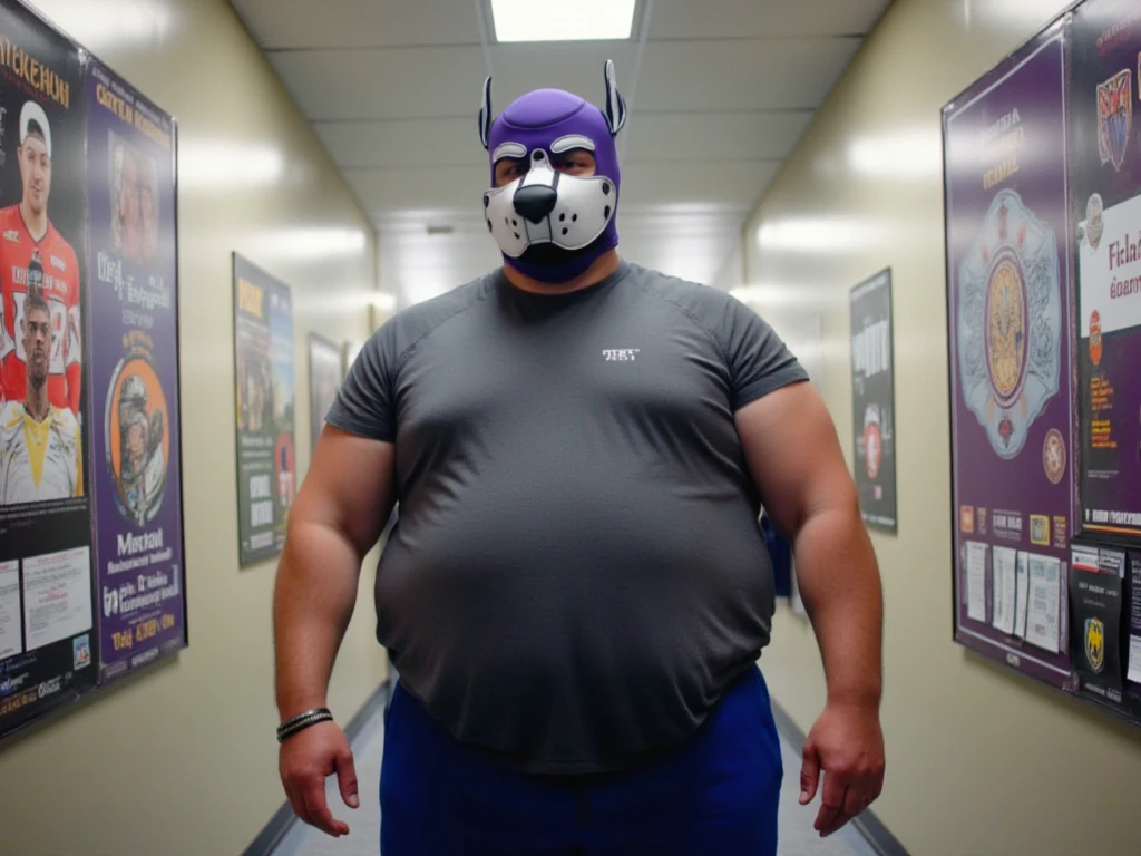 a big fat man with pointed head that is bald on the top with black hair in pigtails hanging down the sides. His high forehead has three vertical scars on it. He sports thin rectangular sunglasses and along with large purple trousers held up by brown suspenders. He also has armor over his left arm
