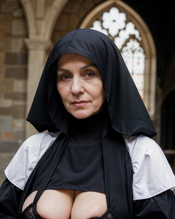 (masterpiece:1.4), (63-year-old woman:1.5), (Facial wrinkles : 1.2), Nasolabial folds, (looking down at viewer : 1.15), (super close-up on breasts from below : 1.15), (breasts view at close range : 1), (smirking : 1.3), (seductive : 1.2),(arrogant :1.15), (captivating eyes :1), pores, dull skin, skin blemishes, motherly mature woman, (long beautiful hair), enormous saggy breasts, plump body, (dressed as a catholic nun), (black clothes), (partially see-through dress : 1.1), (sheer dress : 1), lace fabric, detailed backgrounds, (old church), (dim atmosphere), gloomy, rosary, cross, dark lighting