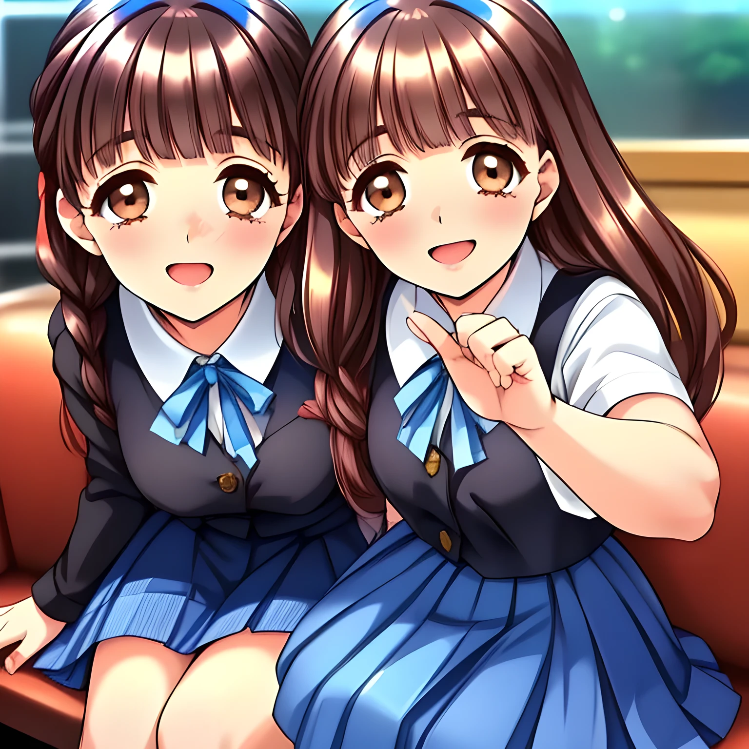 (highest quality, masterpiece:1.2), highest quality, High resolution, 1080p, 8K, (beautiful pretty noble succubus of (love-story comic heroines) are seated in a train, hypnotizing me by their neat beauty, Forcibly extracting everything from the viewer, (intelligent and perfectly balanced slender style), (long neck), neat & clean, lovely strong charm, cutely tilted head, 8), (Too noble beautiful lady like a love-story comic heroine), (laughing like watching a comedy), A very lovely, very noble, pretty and pure beautiful girls. ((neat innocent ears)), ((white grown face)), Using expensive whitening cosmetics by cosmetics artist: 1.2), (Too beautiful blue fascinating shiny (double-lidded) (brown eyes) with love to the viewer, ((deep upper girly eyelid)), ((huge eye pupils)), laughing with detailed clearly: 1.5), (((Dark blue vest school uniform)), (Neat smart (white school blouse))): 1.8), (A very neat, ((realistic), (dark-blue) pleated blue school (beautifully checkered) skirt): 1.6), (too pretty shiny big (red realistic school ribbon tie)): 1.5), (Shiny love-story heroine lips, open mouth: 1.0), ((amazingly beautiful black braids hair is blowing in the wind: 1.5)), (Hair Ribbon ties (black hair), The ribbon is big and very pretty), (slender, small face: 1.5), (The viewer can't stop submitting everything white inside him to her body and face: 1.8), (The lady knows well about the viewer's super fetishism for school uniforms, and satisfies it completely in the viewer's lewd dream: 1.7), (Gorgeous atmosphere In a train limited for beautiful girls bound for girl's school directly early in the morning: 1.5), (Everything is organized to have strong effect of hypnosis for the viewer to fall into happy dream with many beautiful girls: 1.5), (The viewer must be transferred to the world of only beautiful girls right now when he sees the eyes of girls in this picture: 2), (many girls are convulsed with laughter, ridicule at me!!: 2), (laugh, laugh, laugh)