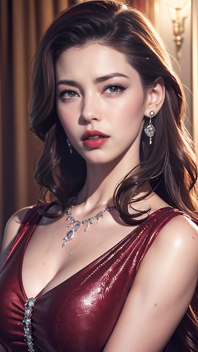(Unbelievably absurd, Very detailed, CG, Unity, 8k wallpaper), (Realistic), (RAW Photos:1.2), (Detailed face :1.4), (Fine and beautiful eyes :1.2), (Thin Hair), The light shines on your face, Large file size, 1 girl, sexy, eyeliner, cute, student, Long Hair, Brown Hair, ((Straight Long Hair), hair ornaments, ((A slight blush)), ((Expressionless eyes)), blue eyes, ((Big Breasts:1.２)), Red lips, Compensate, Lift up your shirt, ((Violet sweater dress)), Black knee-high socks, High heels, jewelry, Earrings, necklace, Looking at the audience, (photoRealistic:1.2), Cinema Lighting, Written boundary depth, (masterpiece), (Highest quality:1.2)