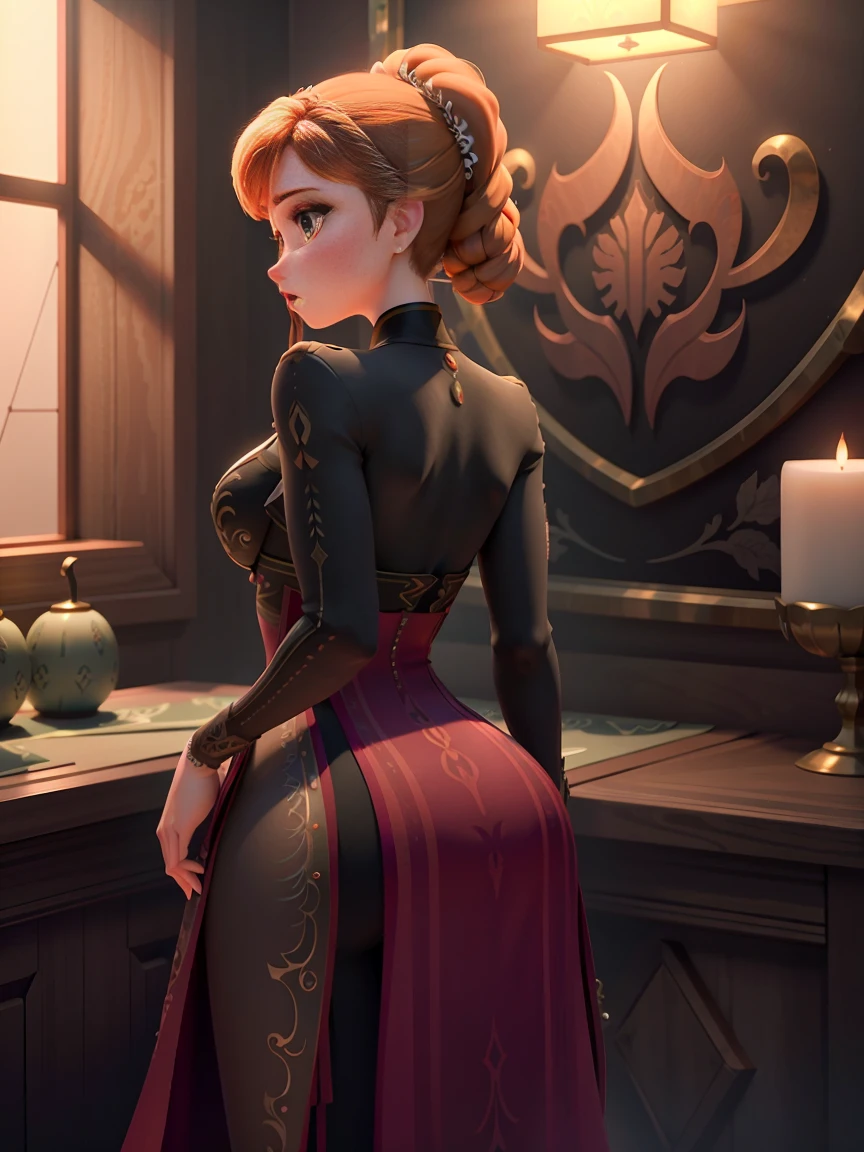danastasia ((long hair, light brown hair, hair bun, glowing blue eyes, wide eyes, lipstick, makeup, narrow waist, skinny, medium breasts, earrings, alone, gloves)), pelvic curtain, ((black dress, wedding dress, Scooped up the ass, gloves)), full body, perfect body, (insanely detailed, beautiful detailed face, masterpiece, best quality) , (((solo))), (((1girl))), (((mature))), (extremely detailed 8k paper CG wall unit: 1.1), (wedding, Gala Hall, night), (smile face for the viewer), big ass, from back, behind