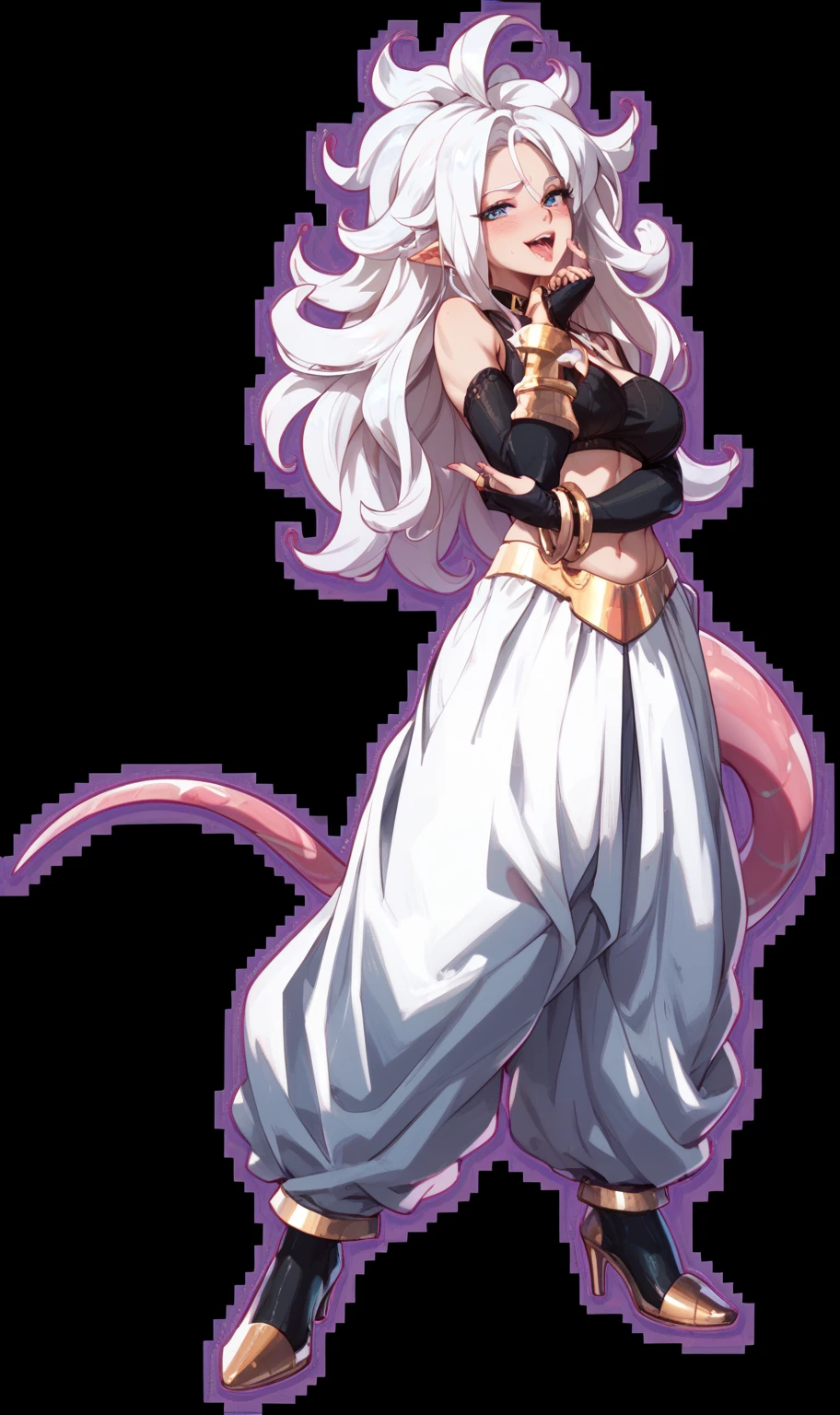 1girl, mature female, masterpiece, mistress, goddess, standing, arms crossed,tail,white pants,jewelry,white hair,gold bracers,black strapless shirt,
(black armband),navel