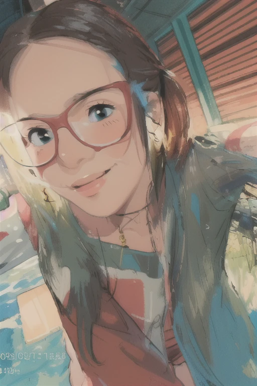 Anime 2d girl with green glasses, cabelo vermelho longos raspado lateral