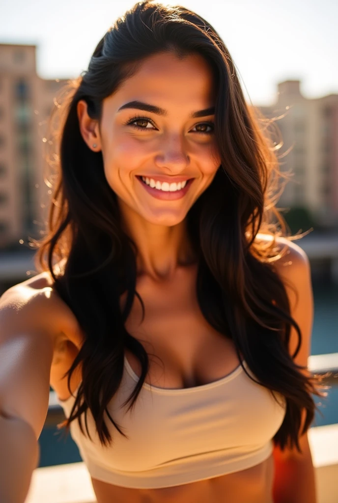 RAW photo, face portrait photo of beautiful 26 y.o woman, cute face, wearing black dress, happy face, hard shadows, cinematic shot, dramatic lightin, big boobs, long hair, dramatic background