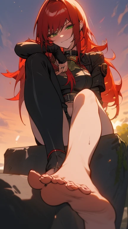 red hair girl, small girl, one girl, wedding dress, with black wings, goddess of darkness, black wings, angel, face on camera, tight shirt, show large chest, dark isekai, shy girl, pitiful face, face forward to camera, asking pose, pink cheeks, half body, body on big chain, smile, blue eyes, no nails, pink blushes, lying on grass, very big breast, cleavage, wet breast, leg_up, 4k, smooth, shiny wet cleavage, black wings on her back