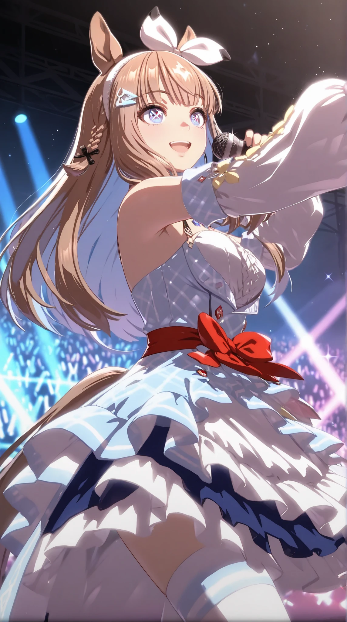 {{unreal engine 5, 100-layer, hyper-detailed, high resolution, beautiful detailed eyes, 4k, 8k, 16k, stunning, sharp, smooth, realistic, intricate, overall detail}}, (1girls),Almond Eye from Uma Musume, on a concert stage, blue and white frilly idol costume with red ribbons and gold buttons, light brown hair with subtle curls and braids, twin horse ears, bright blue eyes with cross-shaped pupils, energetic and graceful pose, holding a microphone, sparkly lighting, cheering crowd, dramatic spotlight, high-quality anime style,Low angle,mini skirt,happy,
