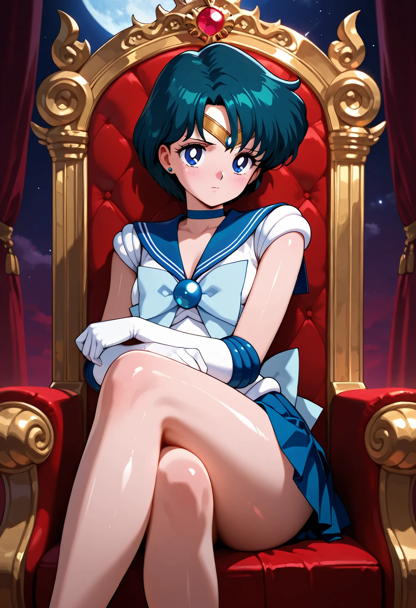 masterpiece,best quality,amazing quality,  ami mizuno, blue eyes, blue hair, short hair, parted bangs,back bow, blue bow, blue choker, blue sailor collar, blue skirt, bow, choker, earrings, gloves, jewelry, magical girl, miniskirt, pleated skirt, sailor collar, sailor senshi uniform, skirt, stud earrings, tiara, sleeveless, sitting, red throne, moon kingdom, , crossed legs, clear skin, ultra-detailed-eyes, soft skin, very awa, very as2, shiny skin, shiny hair, soft body, 90's style, official art