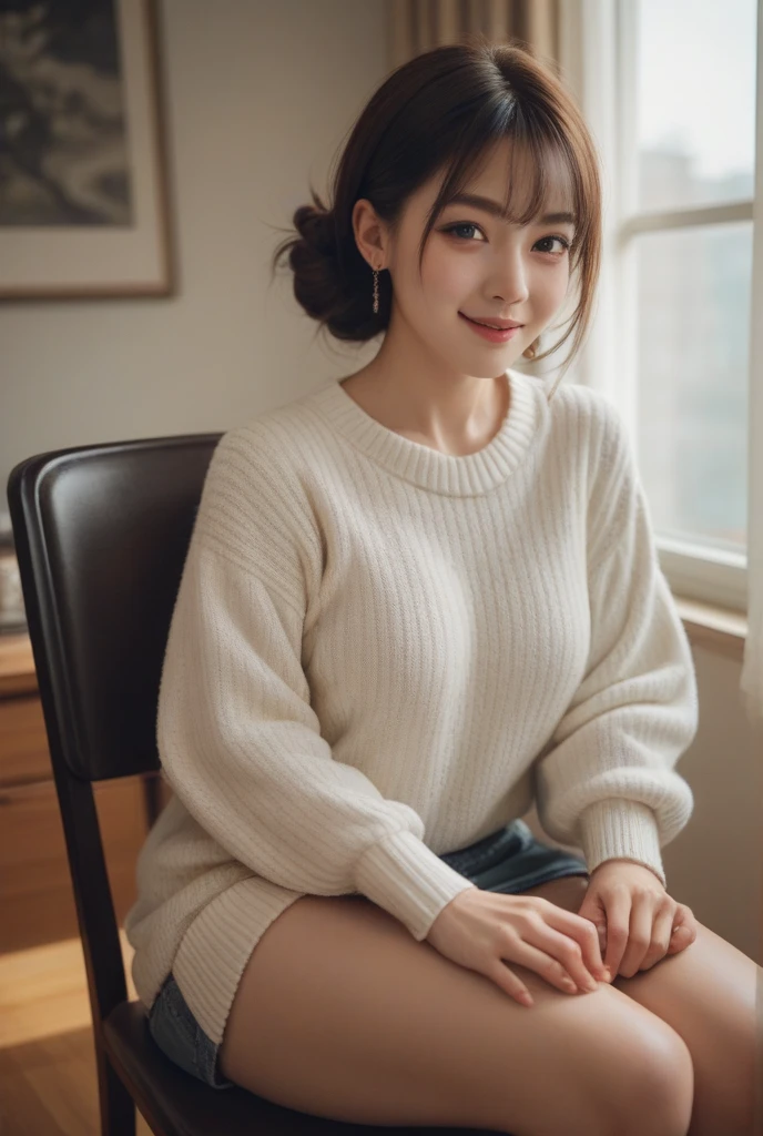best image quality、realistically、Shining beautiful skin、1 female、Early 20s、Chair、idol sculpture、sweater、mini skirt、underwear、sexy pose for the camera、smile、