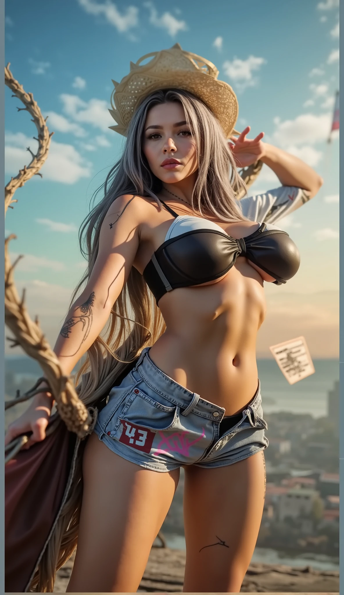 (beste-Qualit), (tmasterpiece), ((Close-up of a girl in a T-shirt and shorts)), 1girl in T-shirt and shorts, ((bare buttocks)), androgynous vampire, junji ito 4 k, with long gray hair, ito junji art, style of junji ito, portrait of sadako of the ring, Gentle androgynous princess , Beautiful androgynous princess, Streetwear, ((with her long white hair:1.5)), stocklings, (big yellow eyes:1.3), fangs, detailing, (generous cleavage), Burst breasts, extra high resolution, 8K, (The blood on her lips runs down her neck), (Lovely Medium Breasts), perfect anatomy, (shapely body), Microthongs, Beautiful slender legs, sexypose, (hands in pocket:1.2), (Looking down), (The gaze is directed downwards), (Night Sky Background: Red Moon)