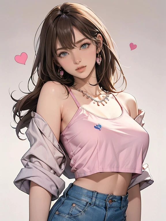 ((t-shirt)), ((I learned about a masterpiece)), (ultra detailed), 1 woman,((with a blue denim jacket)), ((blouse caught)), ((printed with hearts)), ((neckline)), ((big breasts)), ((blue fitted denim pants)), ((looking at the camera)), ((front view)), ((seeing the spectator)), ((landscape of a park with many trees))