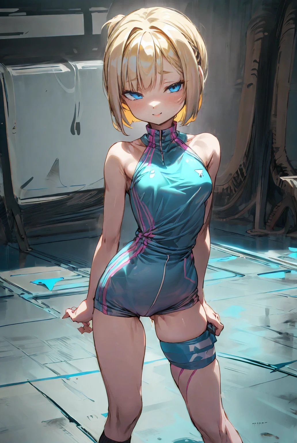 top-quality、Full limbs、complete fingers、Slender beauty、straight haired、very short hair of golden color、White knee-high、white school swim suit、Small eyes、Wet texture、Standing