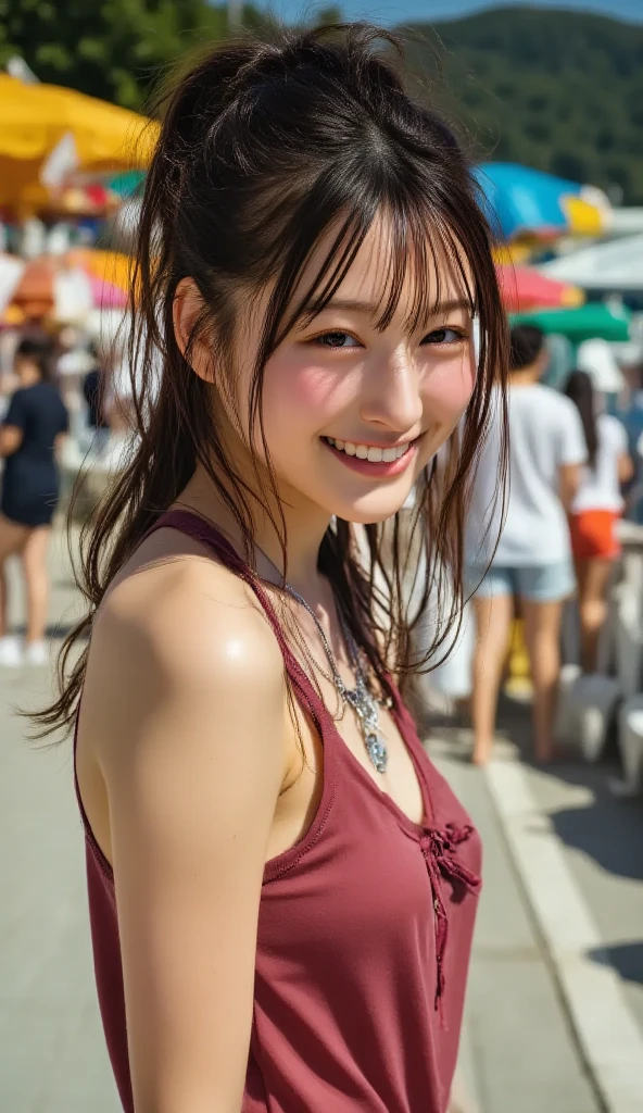 masterpiece, Highest quality, Very detailed, 複雑に詳細なSuper detailed, Realistic, Sharp features, Very detailed, Sharp focus, Perfect Face, Perfect symmetrical eyes, Perfect Plump Lips, Super detailed, hyper Realistic, High resolution, (Random Pause), Fashion Model, thin, Japanese Idols, Sexy Girls, Perfect body, (Micro Bikini:1.2), stylish, Realistic, PhotoRealistic:1.3, Beautiful Face, Light brown hair, Messy Hair, Beautiful hairstyle, (Grin), Beach,(At a busy intersection:1.3)、(A large crowd gathers around her:1.3)、(She is the people around her々It has been attracting attention and being impressed by:1.8)