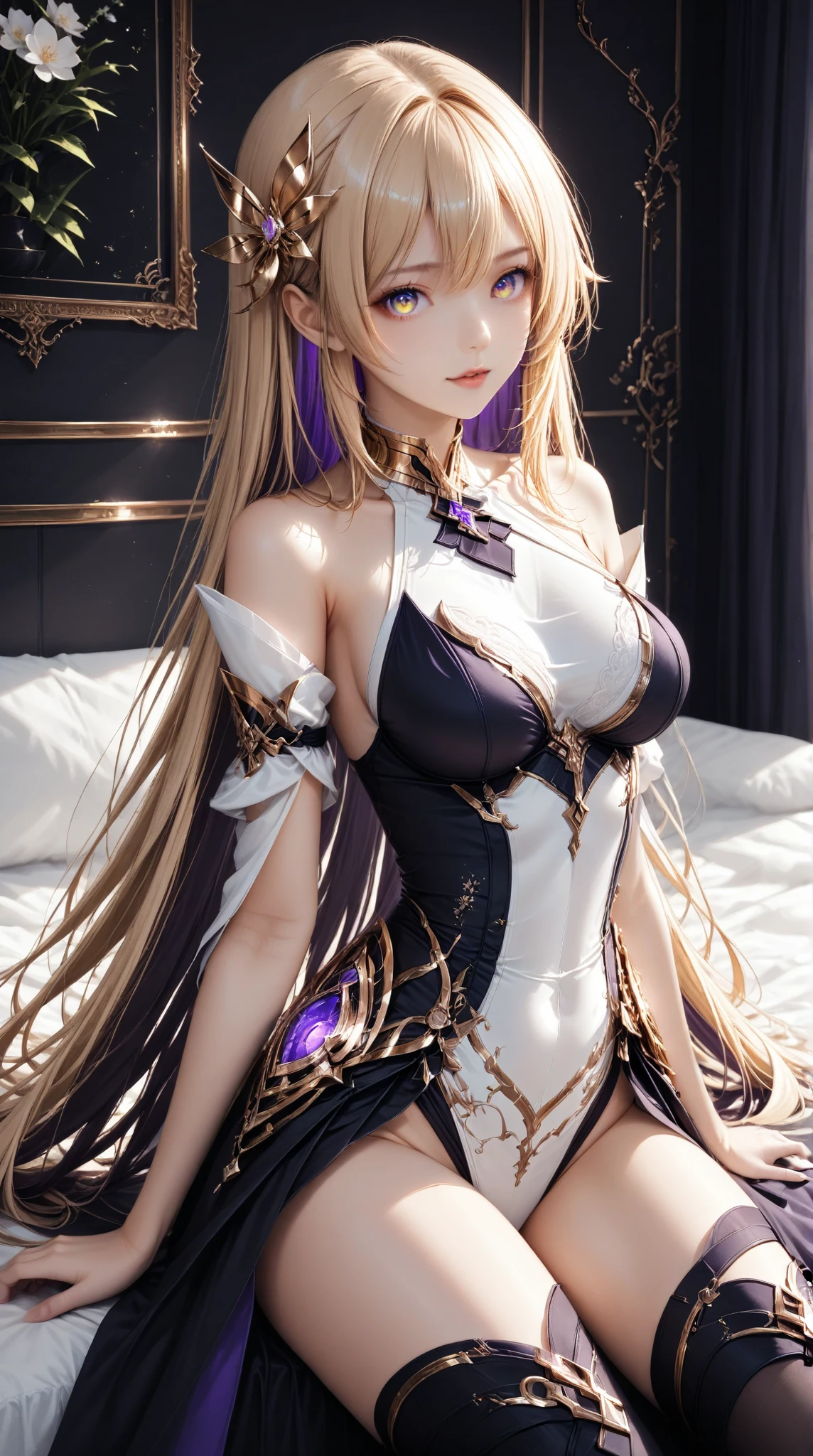 1girl, alone, One by herselfp, bedroom, Big round breasts, curvy hips, small waist, realistic, bright blonde hair, bright green eyes, sparkling eyes, amazing big eyes, eye details, eyebrow details, glowing eyes, crop top, skirt, parted lips, blush, confident, dominant, bdsm, smirk, naughty, mischevious face