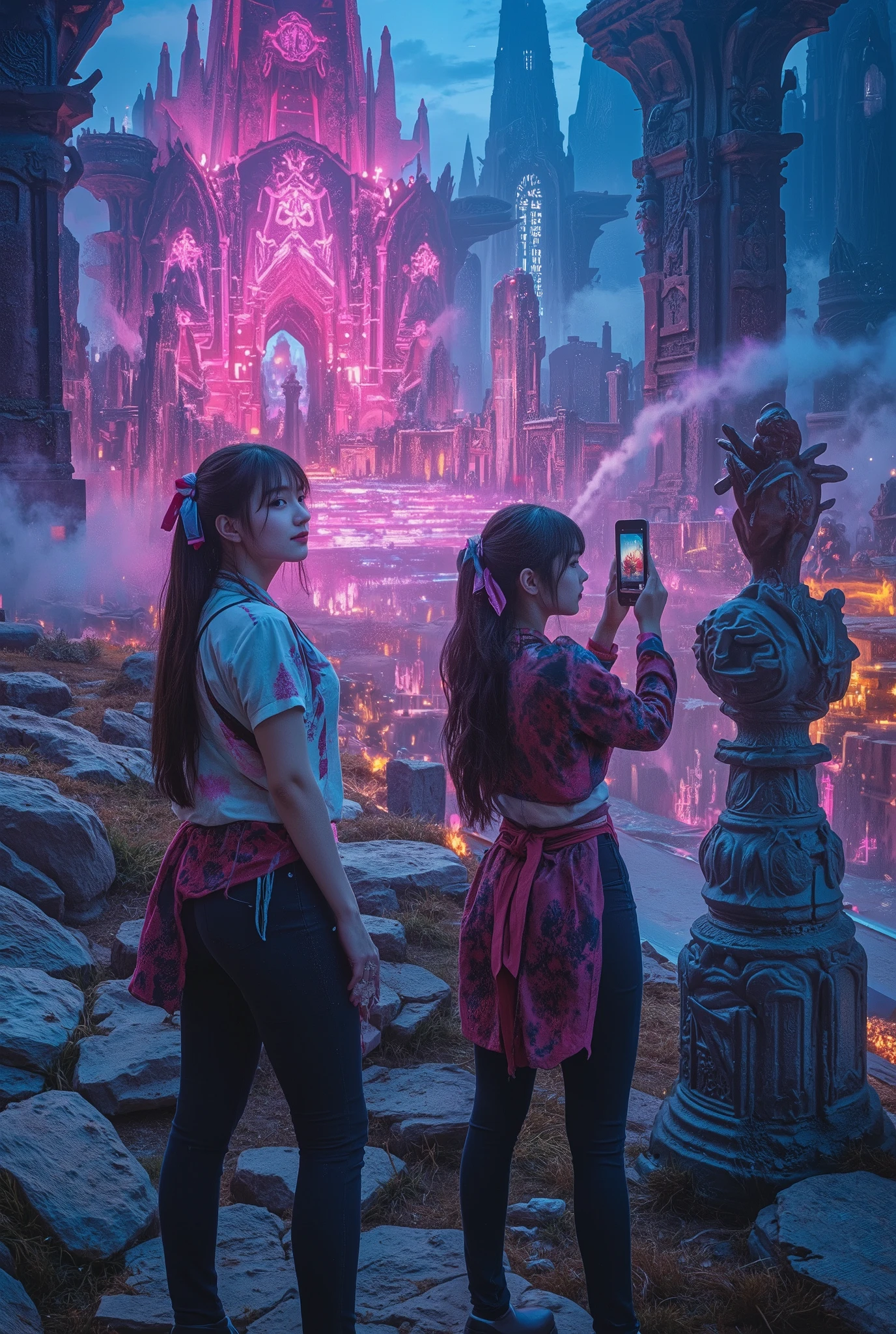 Two beautiful girls taking commemorative photos at tourist attractions around the realm of the dead, vivid colors, dramatic lighting,