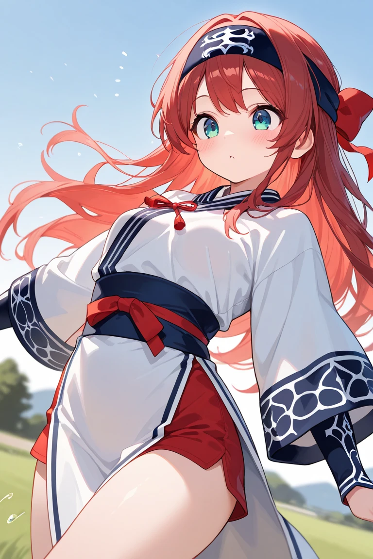 best quality, masterpiece, highres, solo, {kawakaze_kantaicollection:1.15}, long_hair, red_hair, ribbon, hairband, hair_ribbon, bangs, ahoge, twintails, sidelocks, low_twintails, asymmetrical_bangs, very_long_hair, smile, blue_eyes, serafuku, sleeveless, hair_flaps, 1girl, japanese_clothes, kimono, yukata, alternate_costume, food, looking_at_viewer, candy_apple, mask, mask_on_head, fox_mask, blush, floral_print, obi, open_mouth, sash