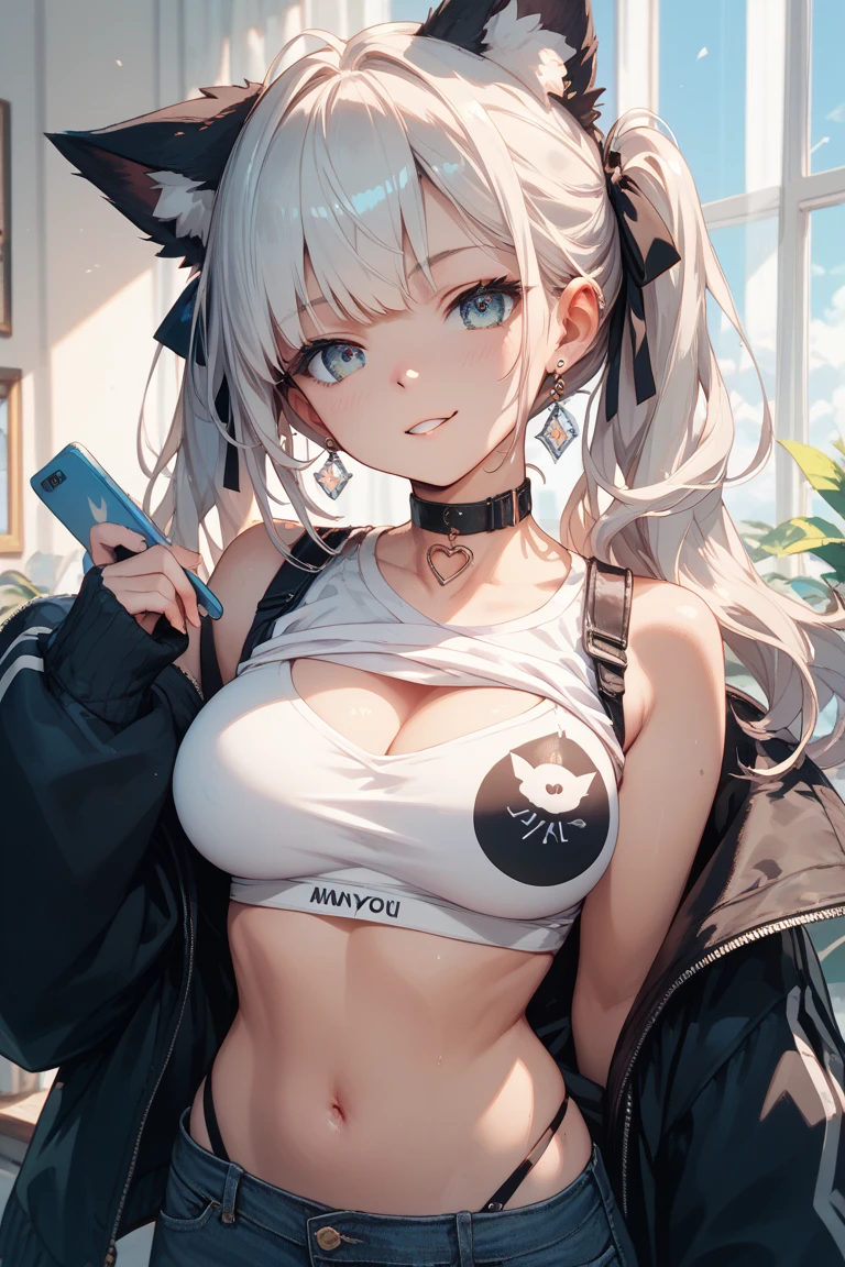 1 girl, Breast in, stitched face, patchwork skin, Closed mouth, Long Hair, face expressionless, White hair, stitched face, Patchwork skin, short pants and bikini, cat ears