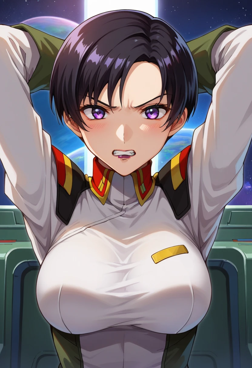 8k,(masterpiece:1.4)(best quality:1.4),(top quality), 1girl,fayuiry,black hair, black eyes, yellow dress, uniform, inside spaceship, galaxy, window ,indoors, looking at viewer, solo focus,(shiny skin),steaming body , happy smile, ultra miniskirt,(clear erect nipple silhouette: 1.2),spread legs,(no panties:1.2),nsfw,woman with penis,(erected penis:1.2),Masturbation,(from below:1.2),penis focus,air port,squatting,small penis, (((Surrounded by men and women in multiple uniforms)))