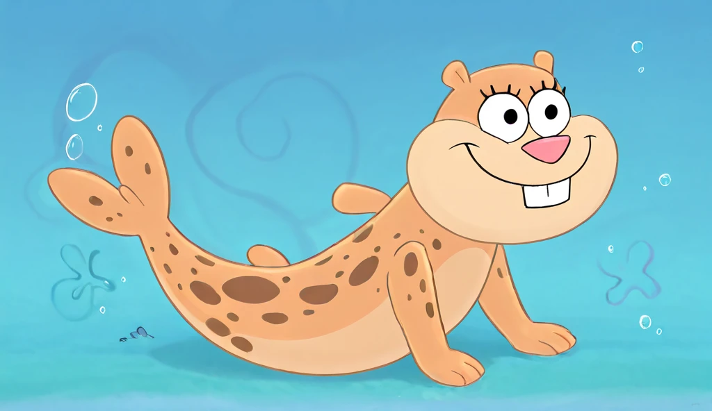 A cute spotted baby seal happily eating krill and small fish under the sea, smiling with joy, fairy tale style, pastel colors, undersea background