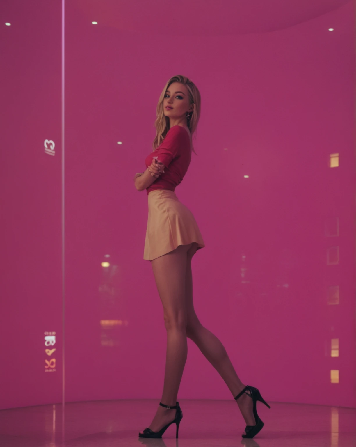 Long wavy blonde hair with bangs, fuzzy pink crop top, pleated pink skirt, Sexy girl sitting on the floor with her legs extended up high, her skirt is pulled up around her waist exposing her sheer high gloss pantyhose tights, wet look on crotch of pantyhose make her shaved vagina more visible through the nylon material, cute pantyhose butt, cute pantyhose feet, fitted crop top, model like features, indoors sitting on a white shag rug, UHD, photorealistic