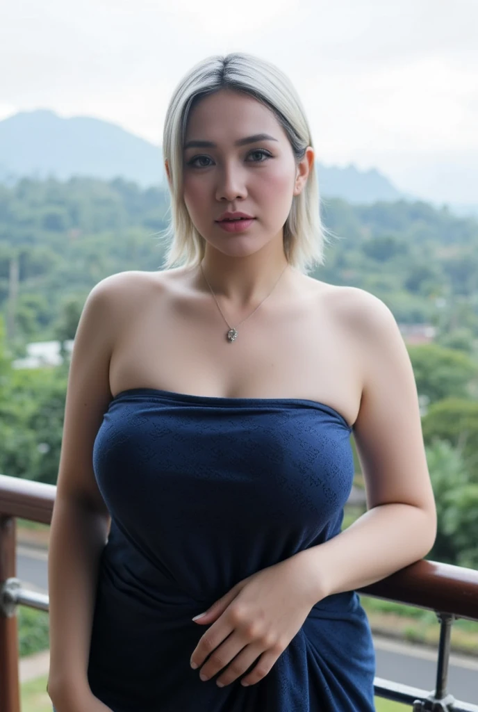 Low angle, A voluptuous, curvy Indonesian woman on a beach. Samui_Naruto, body measurement of 100-70-90, J-cup in a vibrant , full body nude, topless, dark nipples, hair cascading over her shoulders, framing her beautiful round face, bangs. Her wide heart-shaped lips curl up, light smile. Beautiful seductive eyes. Tanned glossy skin. She touches her heavy breasts. Lush vegetation in background. Photorealistic, Masterpiece, soft light, 8k. Taniaayusiregar.