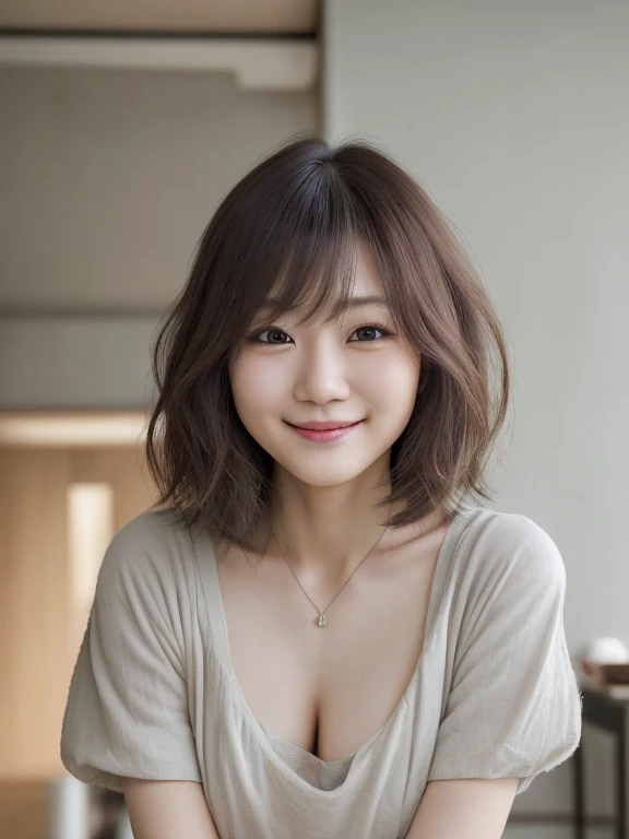 (masterpiece:1.3), (8K, Photorealistic, Raw photo, Best image quality: 1.4), Japanese schoolgirl、(Random Hairstyles:1.2)、Cleavage:1.2、Super detailed face、Attention to detail、double eyelid、Dark brown eyes、Put your chest together、Sharp focus:1.2、Beautiful woman:1.4、Light brown hair、Highest quality、masterpiece、Ultra-high resolution、(Photorealistic:1.4)、Highly detailed and professionally lit smile、Loose, lightweight knitwear、Shoulder out、thin、Serious expression、Short-haired、Deadly position