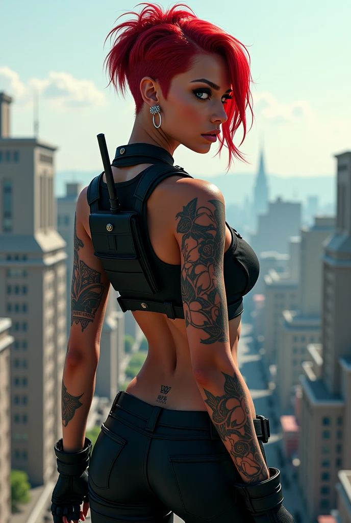 Sexy girl, gangster girl, perfect body, medium breast, red short hair, unbuttoned blouse, metalhead, streetwear clothes, grunge, crossing arms, fight pose, perfect butt, sexy hips, back view
