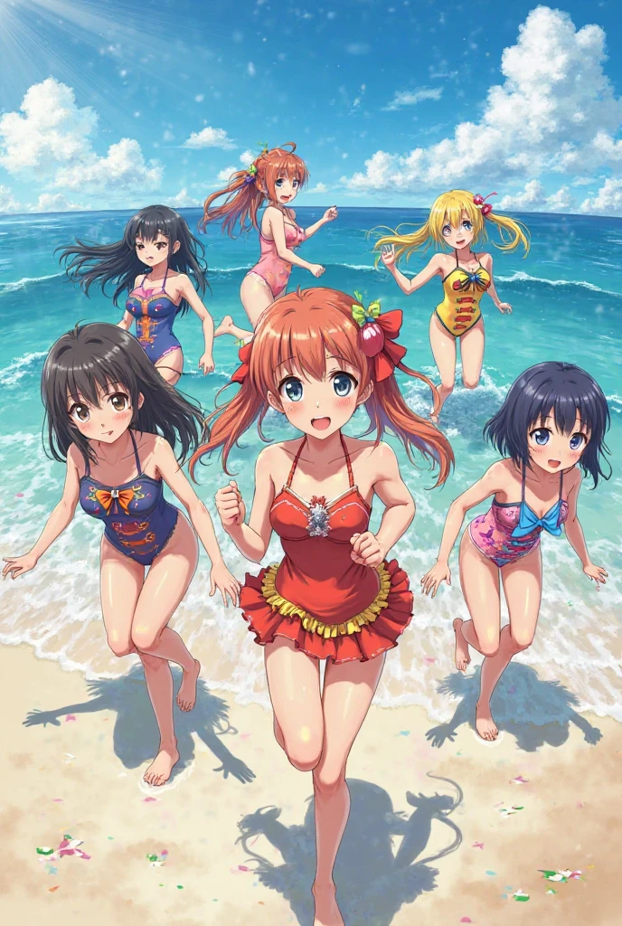 A group of anime characters in swimsuits relaxing at a pool party, highly detailed, beautiful scenery, vivid colors, photorealistic, 8K, masterpiece, (best quality,4k,8k,highres,masterpiece:1.2),ultra-detailed,(realistic,photorealistic,photo-realistic:1.37),characters from Kill la Kill, Ryuko Matoi, Satsuki Kiryuin, Mako Mankanshoku, Nonon Jakuzure, Ira Gamagoori, Uzu Sanageyama, Houka Inumuta, Ragyō Kiryūin, colorful swimsuits designed after character's iconic costumes, beautiful detailed eyes, beautiful detailed lips, extremely detailed eyes and face, long eyelashes, detailed facial features, dynamic poses, background with sunny sky, palm trees, pool with crystal clear water, reflections in water, steam rising from water, splashing water, steam, high quality lighting, cinematic composition