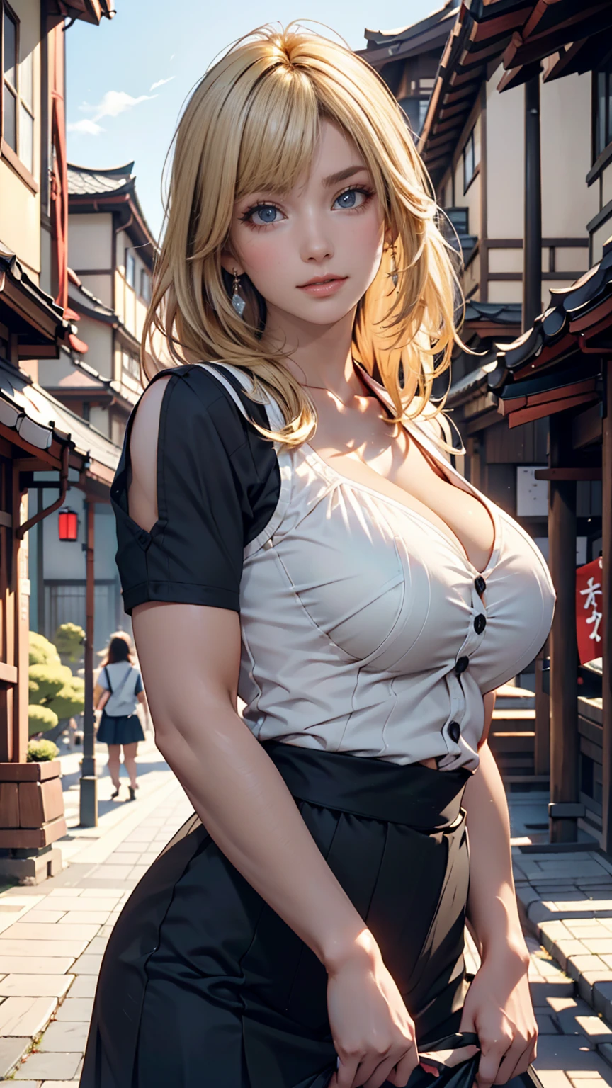 realistic, 1girls, Tsunade, best quality, 12k, HD, long hair, big round breasts, cleavage, ponytail, necklace, jewelry, shorts, slim hips, hair band, yellow eyes, yellow hair, super detailed, Eye details , hair details, person details, mouth details, face details, breast details, clothes details, hair details, pants details, hand details, whole body