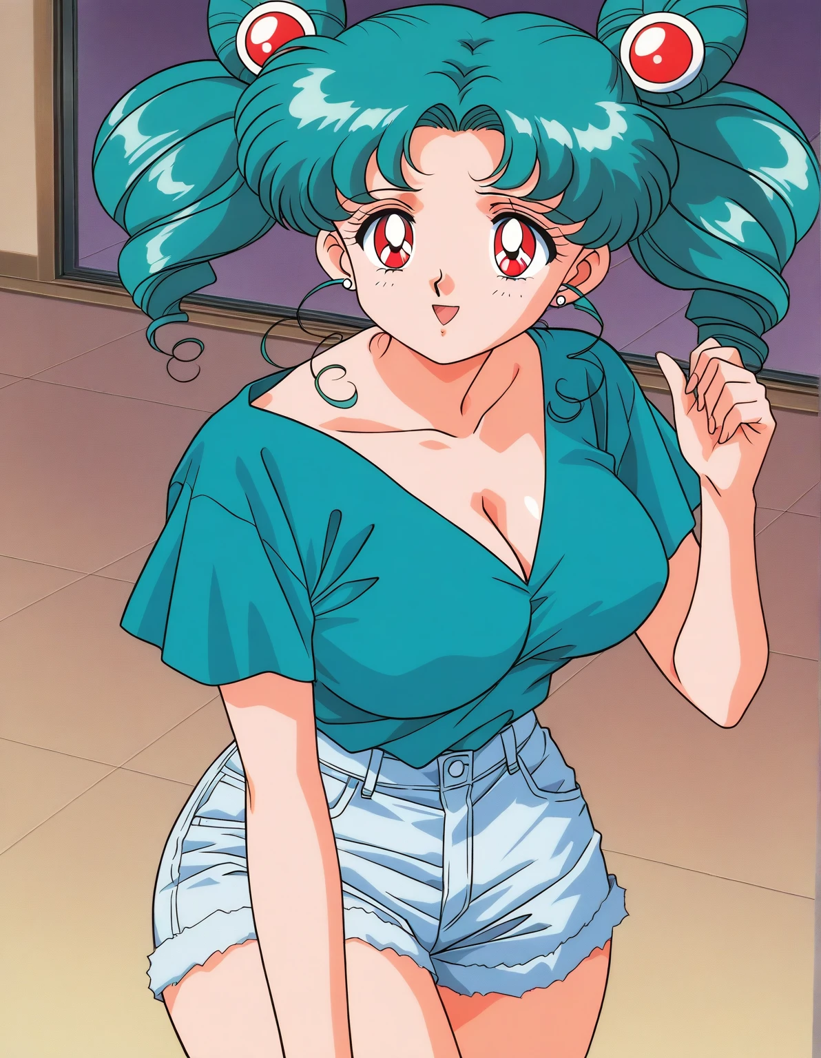 1girl, solo, chart, las vegas, casino, night, arms behind back, sky blue hair, brown buzzcut, topknot, green eyes, pale skin, turquoise blouse, denim shorts, step bars, pauldron, medium breasts, (closed eyes:1.2), smile .<lora:EPTakeuchiNaokoStyle-03:1> EPTakeuchiNaokoStyle, 1990s \(style\), anime screencap, retro artstyle, anime coloring, traditional media