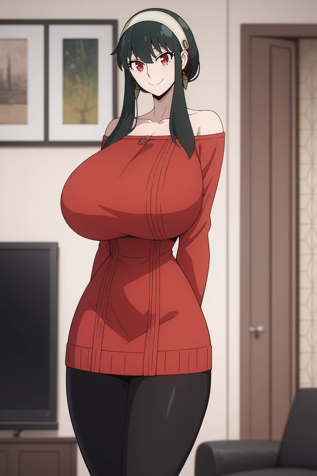 View your viewers,alone,
Yoforger,One girl,
Black Hair,Long hair short hair,
White hair band,
Off the shoulder,Red sweater,
Black Pantyhose,
boots,Torn clothes、NSFW、Big Boobs、Nipples、
city,Natural light,indoor,(Tucked up、 fully exposed、belly button、Nipples)、sad、blush、